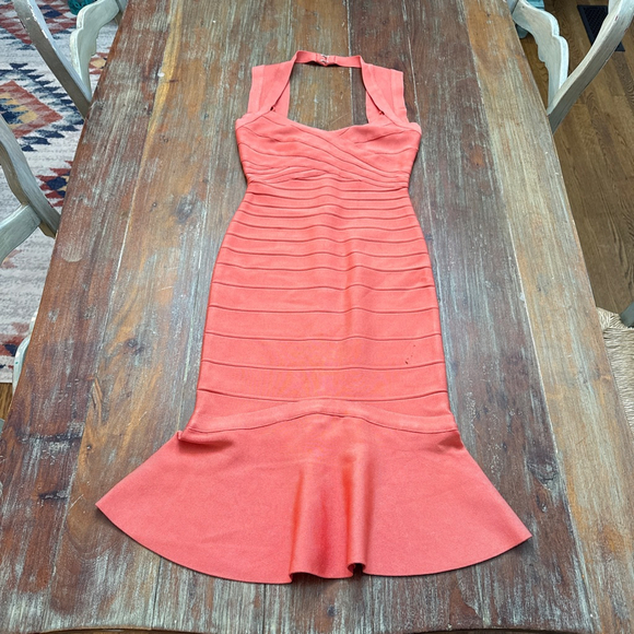 Herve Leger Paris Coral Bandage Halter Dress Size S